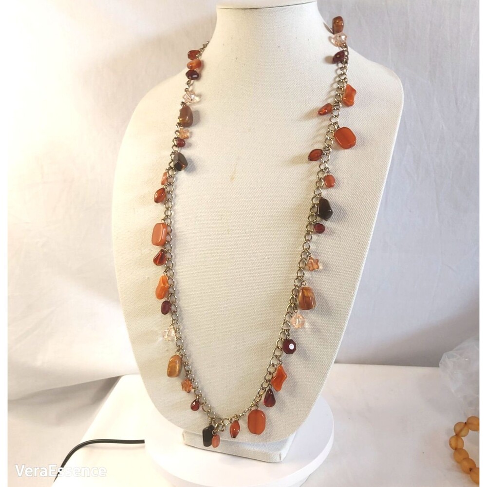 Vintage 36" Long  Gemstone Necklace gold tone chain